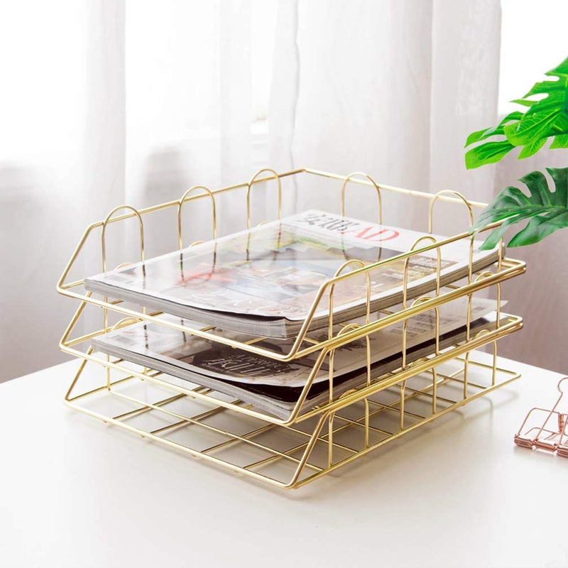 Jolitac Rose Gold 4-Tier Stackable Paper Tray Desk Organizer, Workspace Decorative Stacking Rack Supplies Holder, Metal Letter Trays for File Documents in Home & Office (Gold) - Image 2